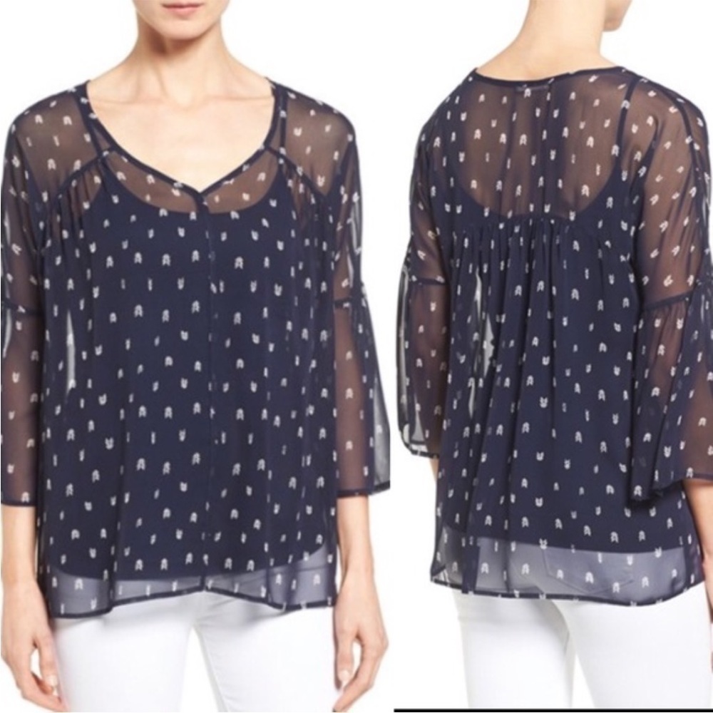 Pleione 3/4 Bell Sleeve Navy Ink Stone Sheer Arrow Blouse, size L